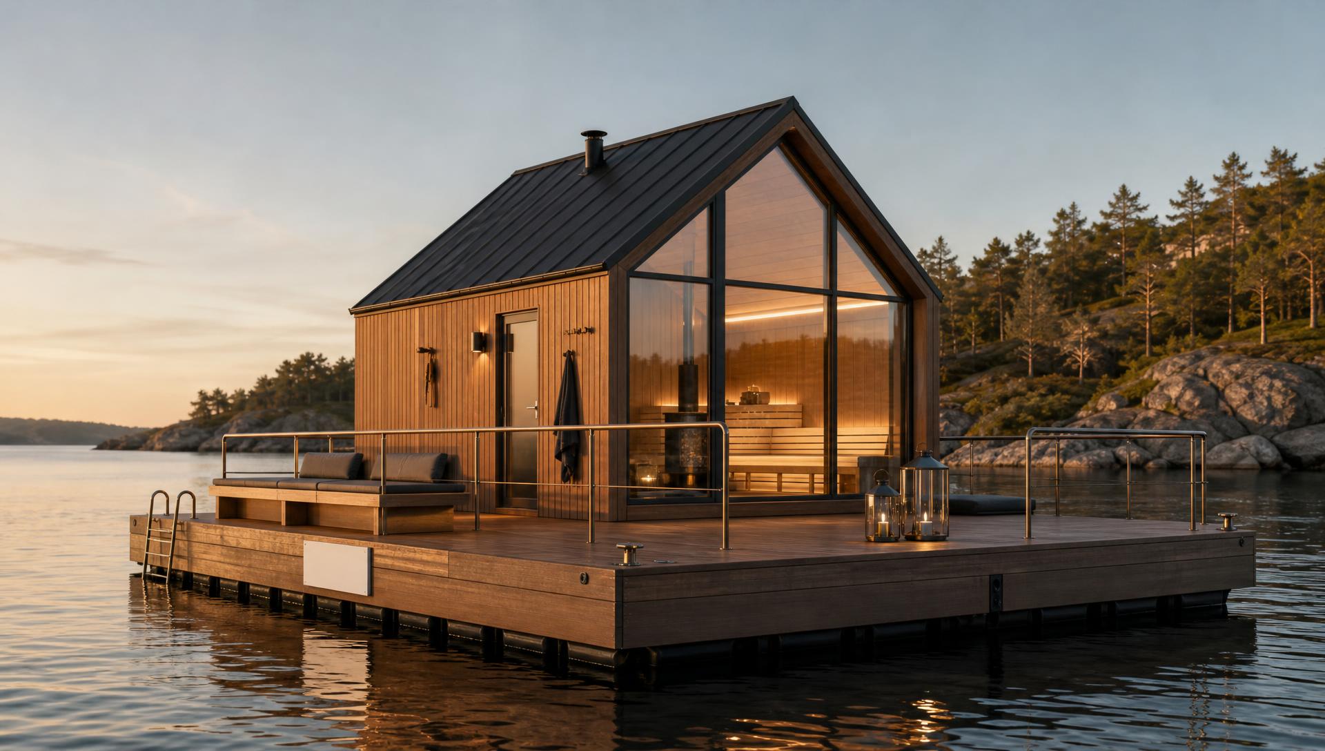 Saunaenhed på flydende platform på åbent vand med terrasse og badetrappe