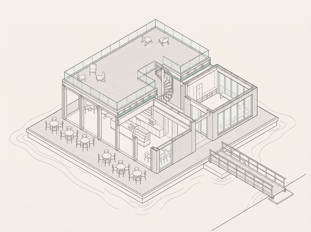 Arkitektonisk illustration af klubhus, café og fælles rum på en flydende platform