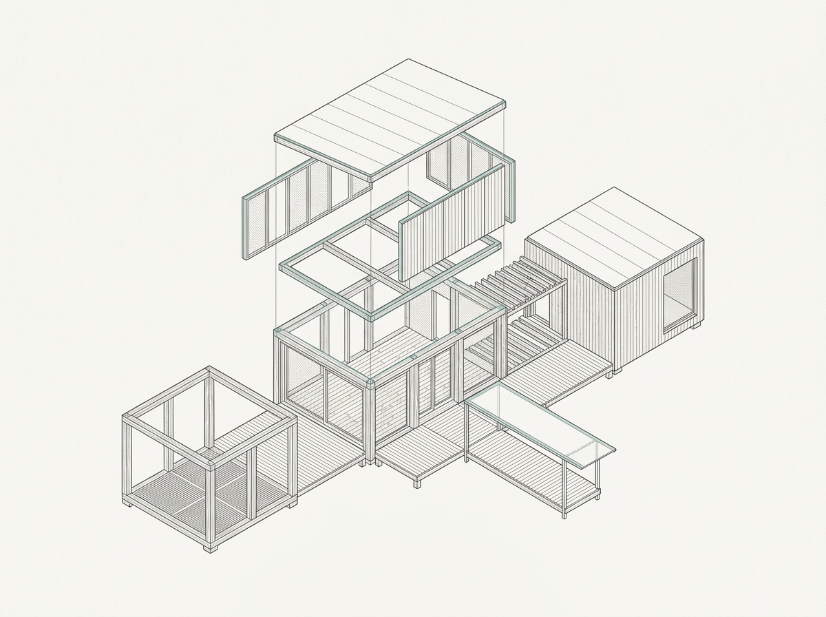 Eksploderet arkitektonisk illustration af et fleksibelt specialprojekt med sammenkoblede moduler