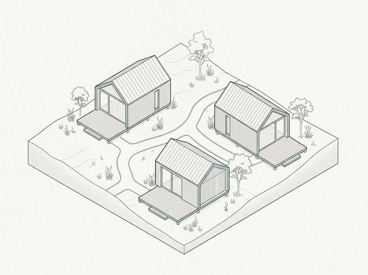 Arkitektonisk illustration af tre glamping hytter omkring en fælles sti i landskabet