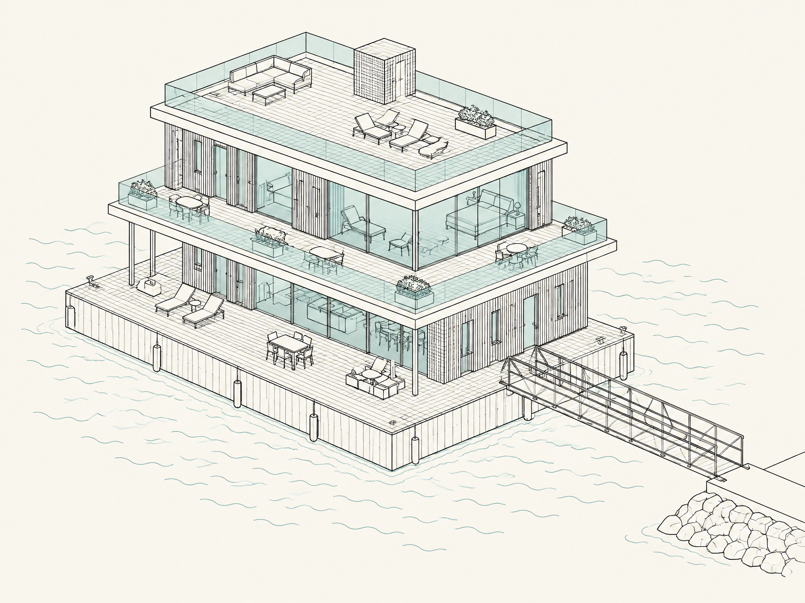 Arkitektonisk illustration af et flydende hotel i flere etager med terrasser, tagterrasse og landgang