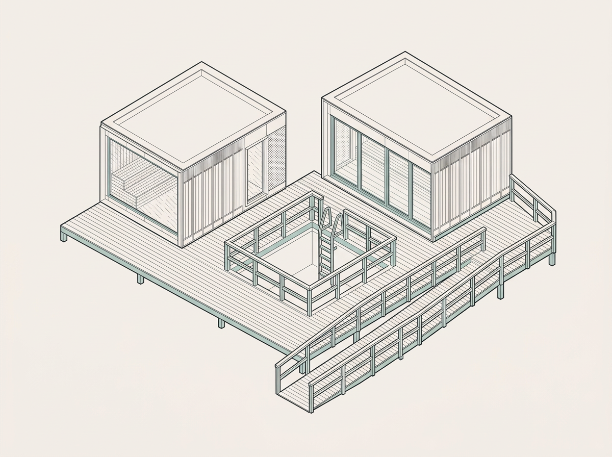Arkitektonisk illustration af to saunaenheder, fælles trædæk, tilgængelig rampe og indrammet badehul