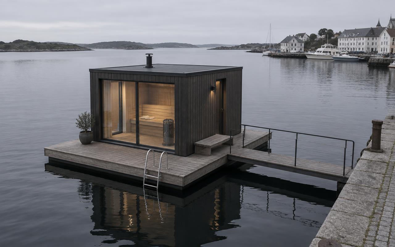 Kompakt: ét saunarum med terrasse og badestige på en flydende platform